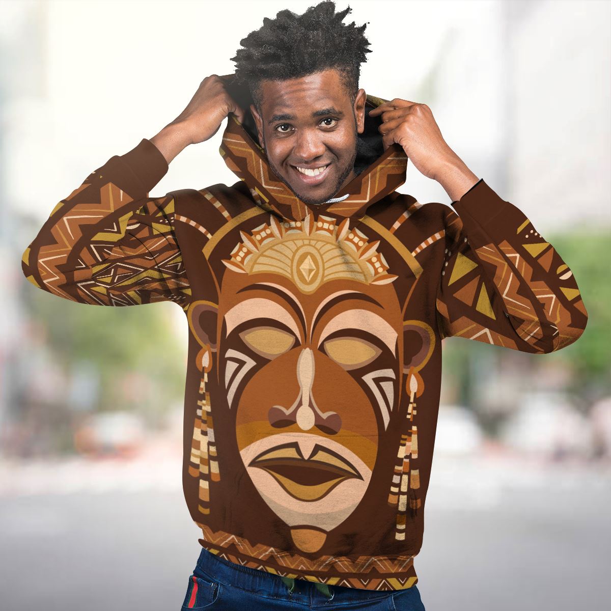 African Mask Printed Mudcloth All-over Hoodie