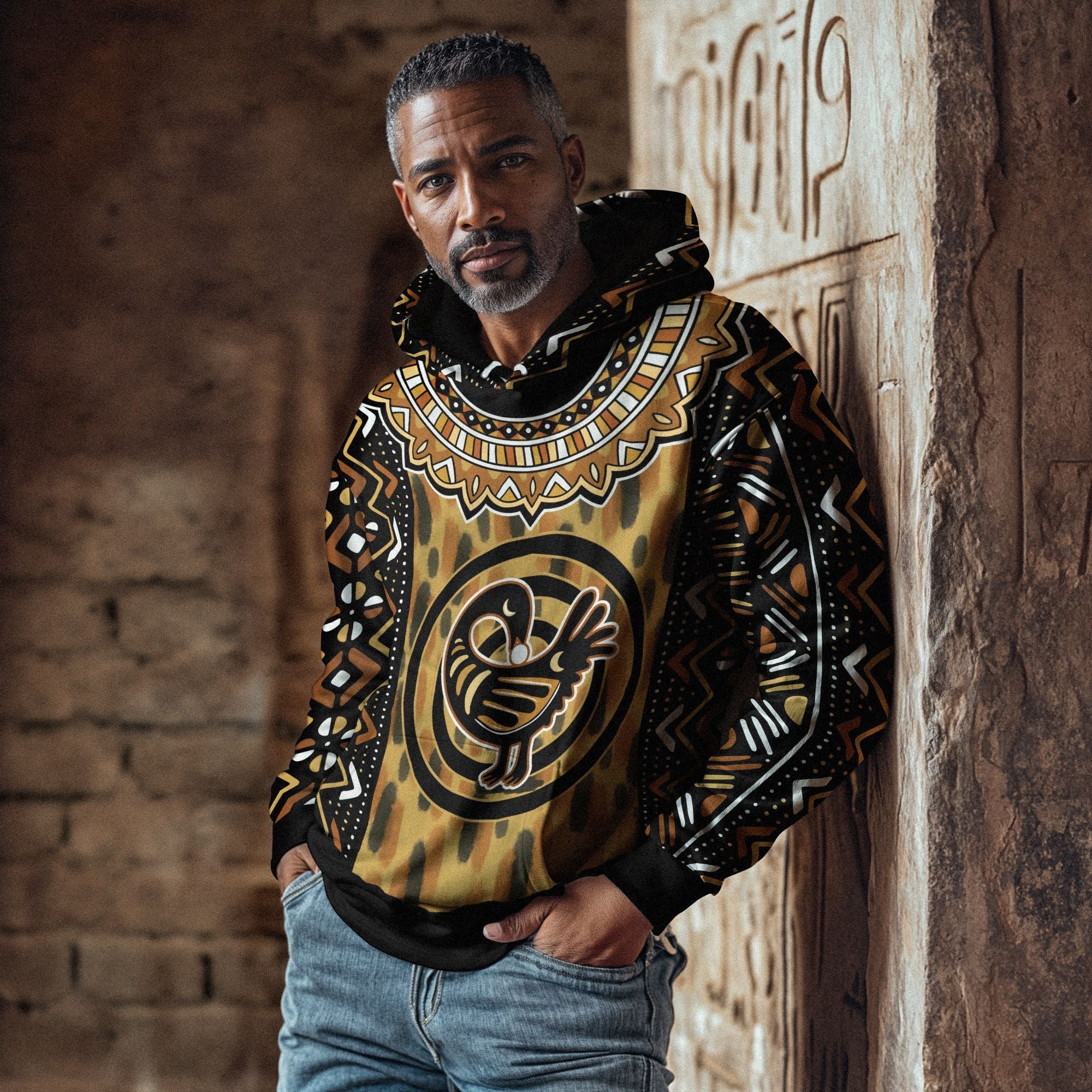 Printed Mud Cloth and Adinkra Symbol All-over Hoodie